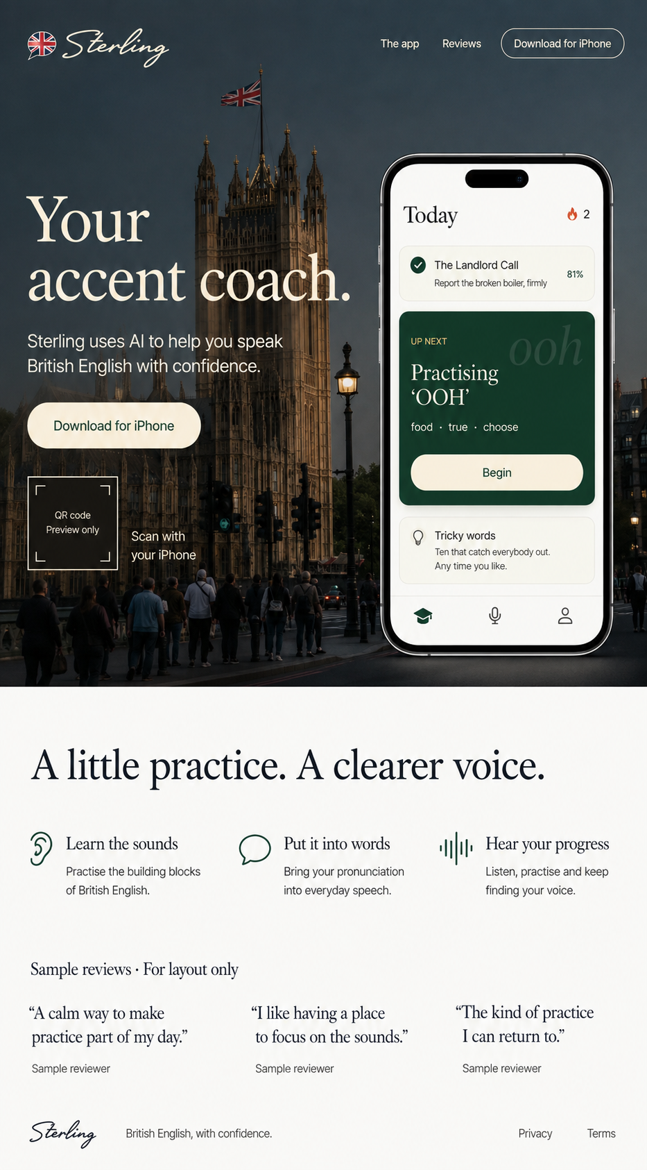 Sterling on iPhone, showing the Today page and a British pronunciation lesson.